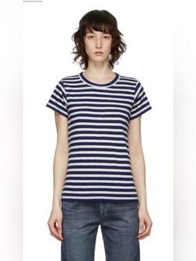rag & bone Navy and White Striped Crew Neck Tee
